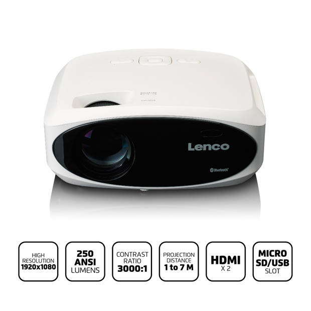Lenco Full HD beamer,helder en scherp met 250 Lumens,510cm Projectie Wit