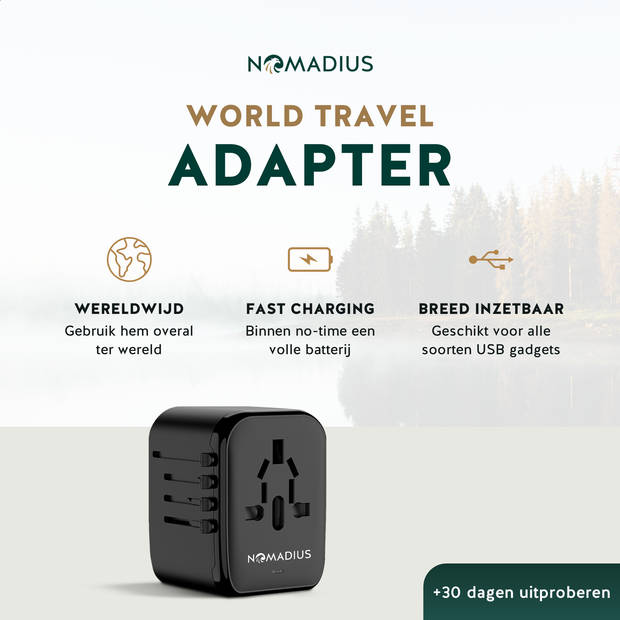 Nomadius® Wereldstekker – Fast Charging - Reisstekker – Universeel - 150+ Landen