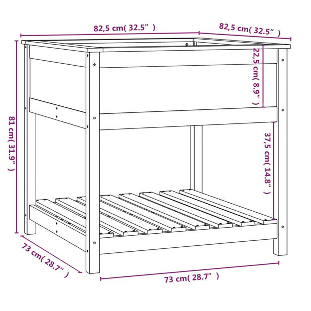 vidaXL Plantenbak met schap 82,5x82,5x81 cm massief grenenhout