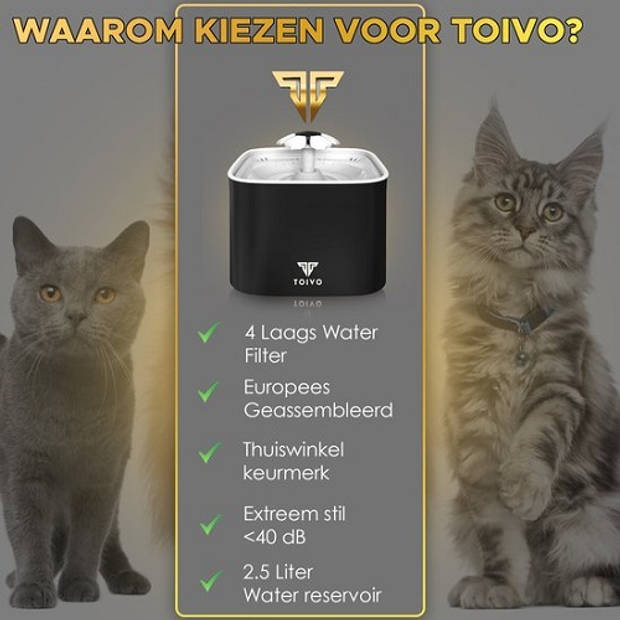 Toivo Drinkfontein Kat - Hond/Kat – 2.5 Liter- Incl. 4 filters en cleaning tool - Waterfontein Kat - Fluisterstil