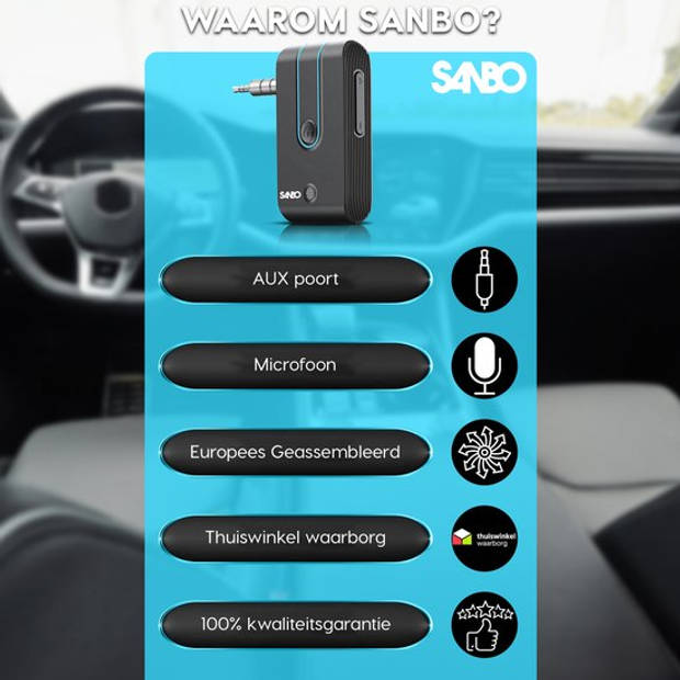 Sanbo Bluetooth Receiver BT7 - Batterijduur 12 uur - 3.5mm Aux - Bluetooth Ontvanger - Handsfree Bellen - Audio Receiver