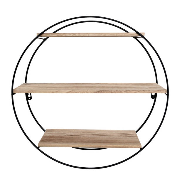 Zwart metalen wandrek met 3 houten plankjes - Rond - 50x19 cm