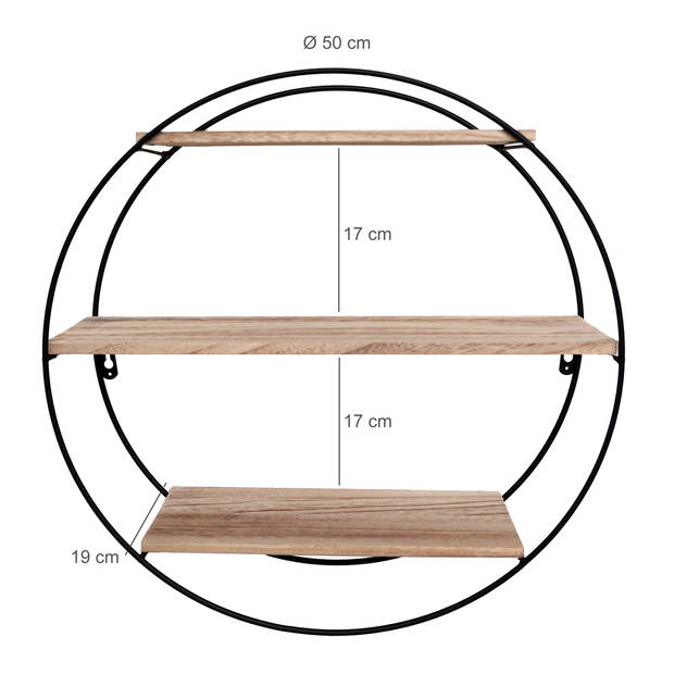 Zwart metalen wandrek met 3 houten plankjes - Rond - 50x19 cm