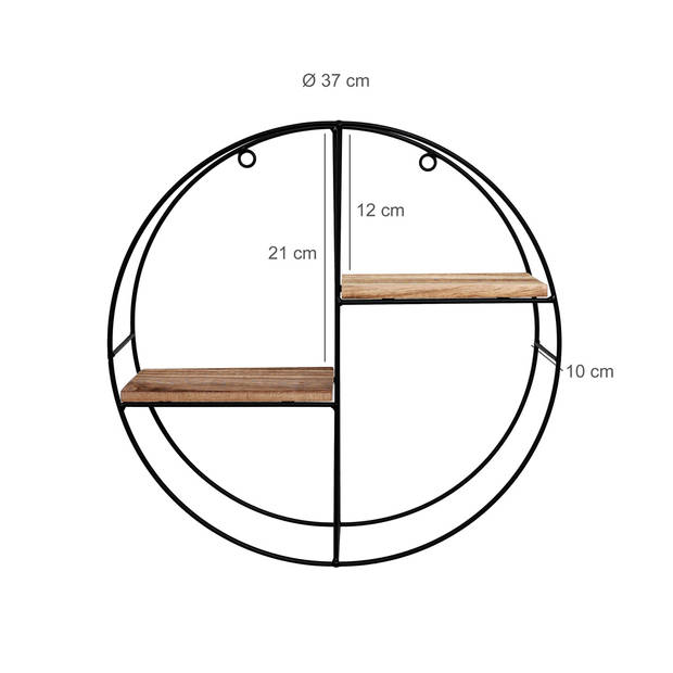 Zwart metalen wandrek met 2 houten plankjes - Rond - 37x10 cm