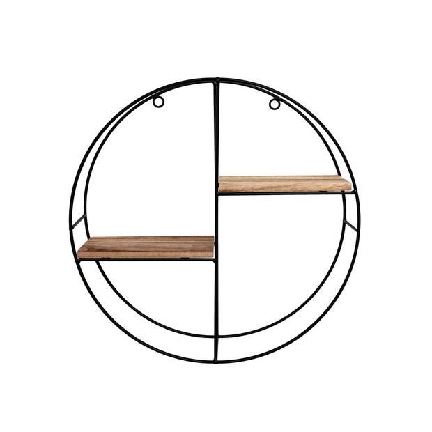 Zwart metalen wandrek met 2 houten plankjes - Rond - 37x10 cm