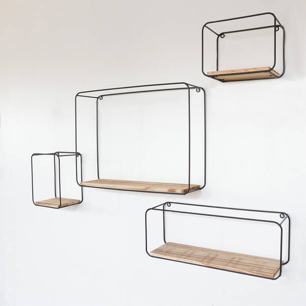 Set van 4 rechthoekige metalen wandrekjes met houten plankje - Zwart