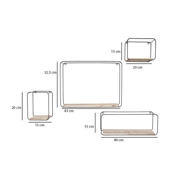 Set van 4 rechthoekige metalen wandrekjes met houten plankje - Zwart