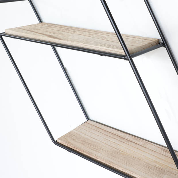 Zwart metalen wandrek met 3 houten plankjes - Zeshoek diagonaal