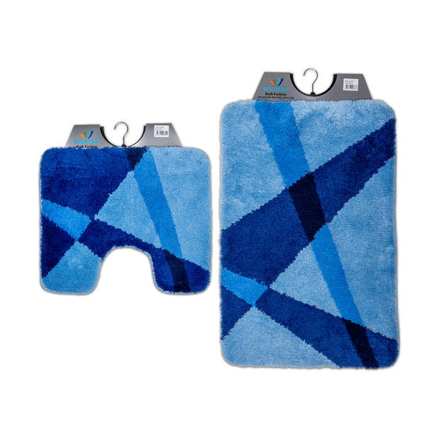 Wicotex-Badmat set met Toiletmat-WC mat-met uitsparing blauw gestreept-Antislip onderkant