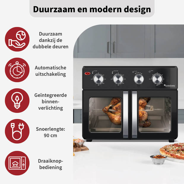 TurboTronic AF32MFD Airfryer XXL en Oven – Dubbele Deur - 32 Liter – Zwart