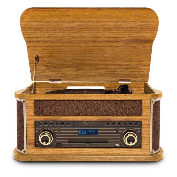 Retro platenspeler Bluetooth - Fenton Memphis - Grammofoon, cassette, mp3 speler, FM en DAB radio - Bruin