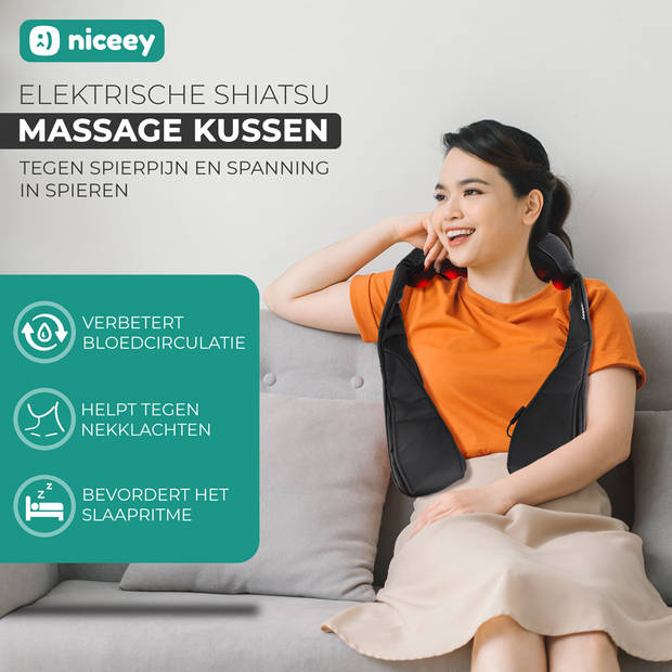 Niceey Shiatsu Massagekussen - Verwarmd Nek en Rug massageapparaat - Zwart