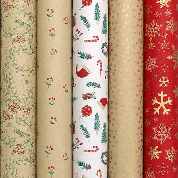 WINTER GARDEN - kerstpapier assortiment cadeaupapier inpakpapier - 2 meter x 70 cm - 5 rollen - inclusief labels