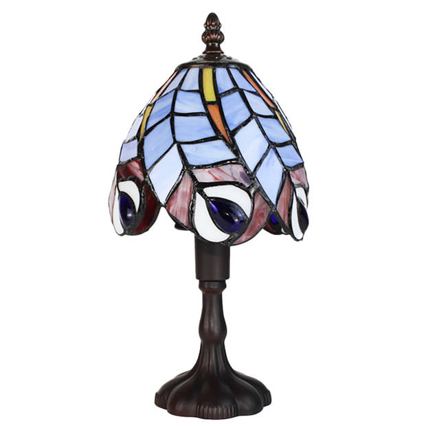 LumiLamp Tiffany Tafellamp Ø 15x32 cm Blauw Glas Pauwenveren Tiffany Bureaulamp Blauw Tiffany Bureaulamp