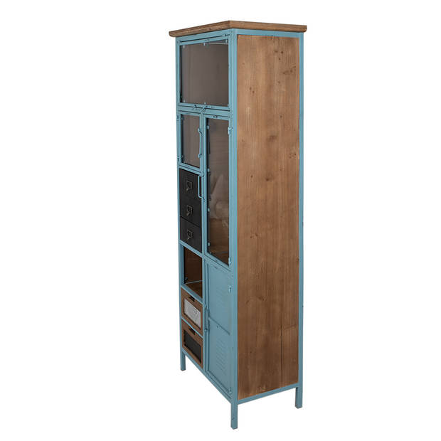 Clayre & Eef Lockerkast 60x33x160 cm Blauw Bruin IJzer Glas Opbergkast Blauw Opbergkast