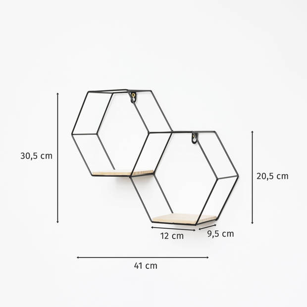 Dubbel zeshoekig metalen wandrek met 2 houten plankjes - 30,5x41 cm - Zwart