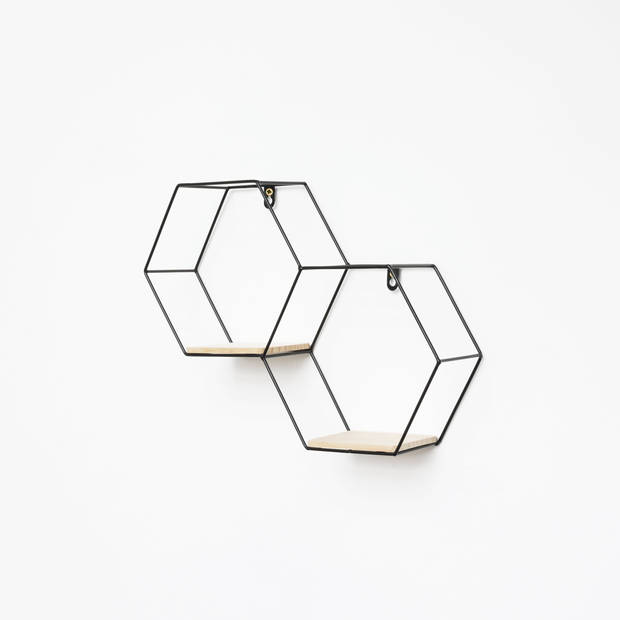 Dubbel zeshoekig metalen wandrek met 2 houten plankjes - 30,5x41 cm - Zwart