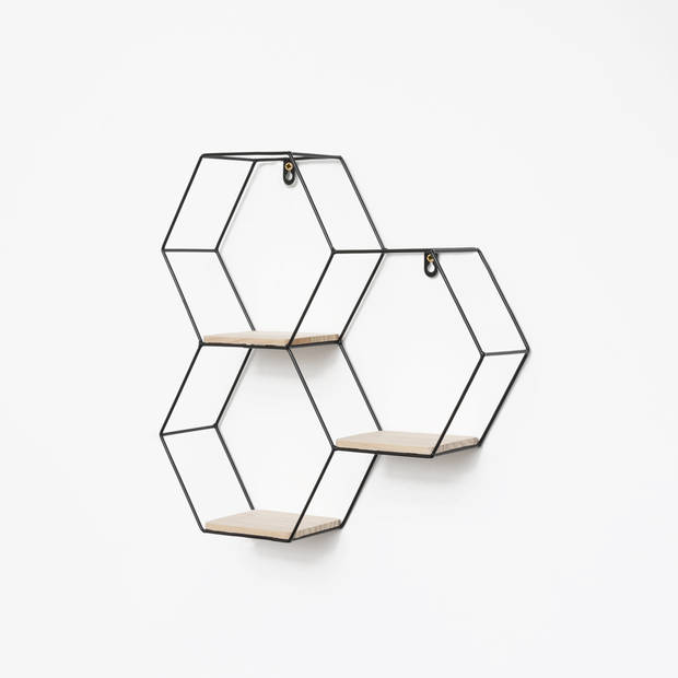 Driedubbel zeshoekig metalen wandrek met 3 houten plankjes - 40,5x41 cm - Zwart