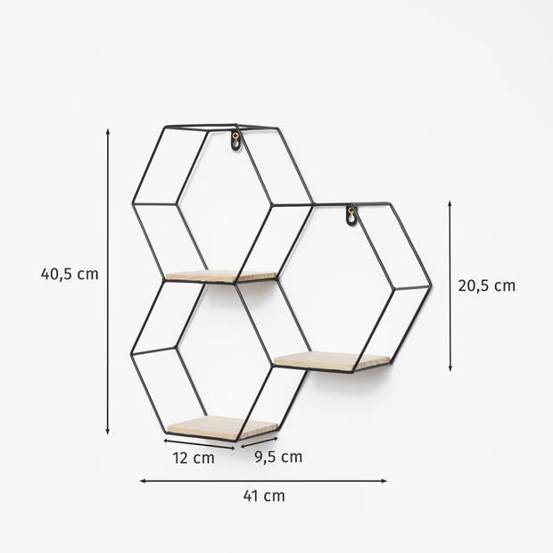Driedubbel zeshoekig metalen wandrek met 3 houten plankjes - 40,5x41 cm - Zwart