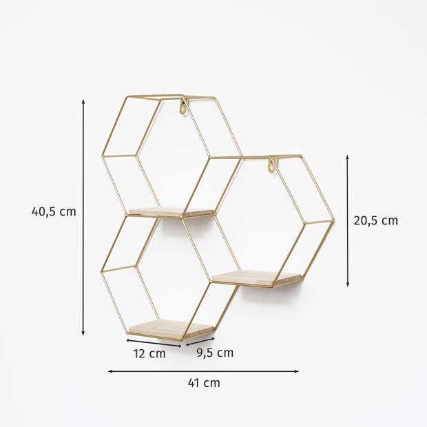 Driedubbel zeshoekig metalen wandrek met 3 houten plankjes - 40,5x41 cm - Goud