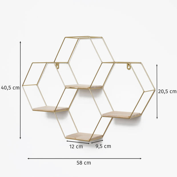 Vierdubbel zeshoekig metalen wandrek met 4 houten plankjes - 40,5x58 cm - Goud