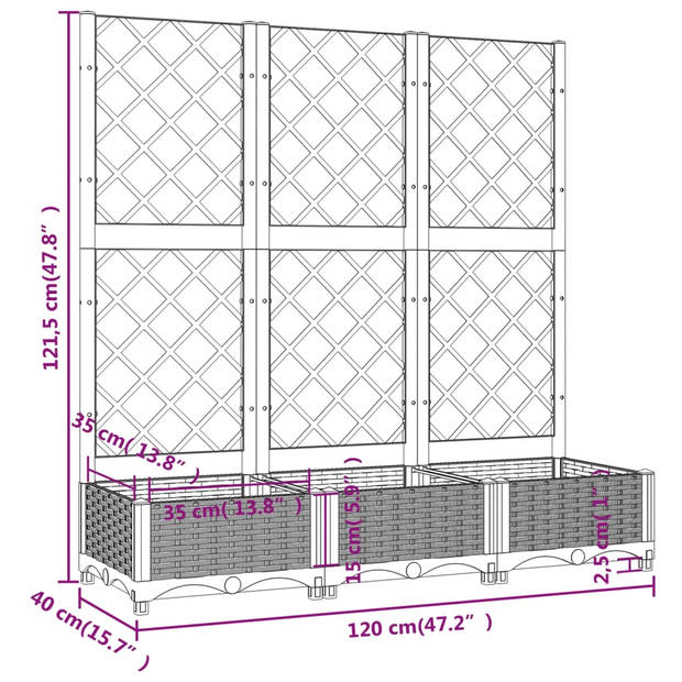 vidaXL Plantenbak met latwerk 120x40x121,5 cm polypropeen wit