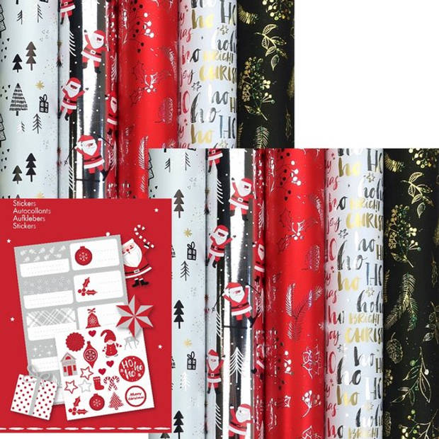 CHAMONIX - Metallic kerstpapier assortiment cadeaupapier inpakpapier - 150 x 70 cm - 10 rollen - inclusief labels