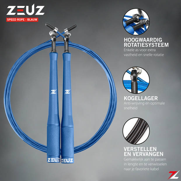 ZEUZ® Professioneel Crossfit & Fitness Springtouw – Verstelbaar – Speed Rope – Volwassenen – SR-2 - Blauw