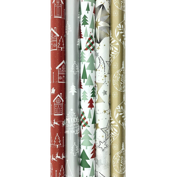 Kerstmis cadeaupapier - assortiment inpakpapier voor Kerst K724 - 2 meter x 70 cm - 5 rollen