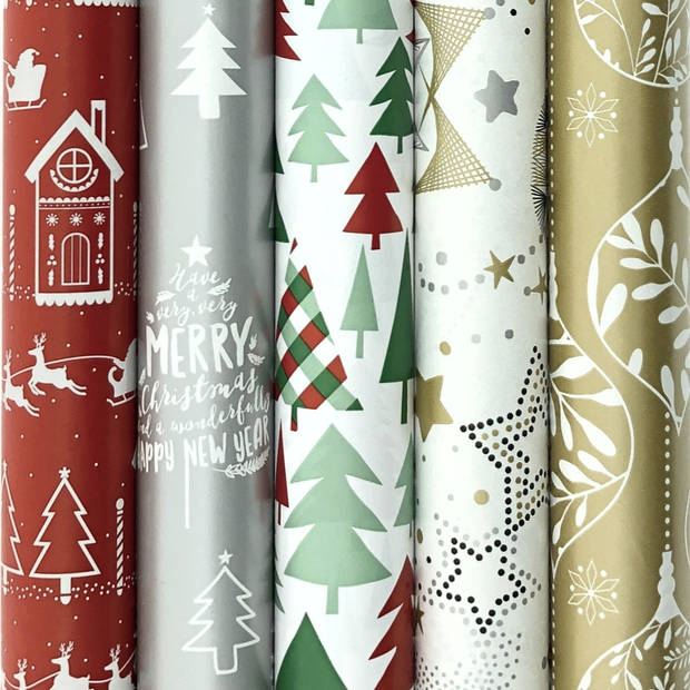 Kerstmis cadeaupapier - assortiment inpakpapier voor Kerst K724 - 2 meter x 70 cm - 5 rollen