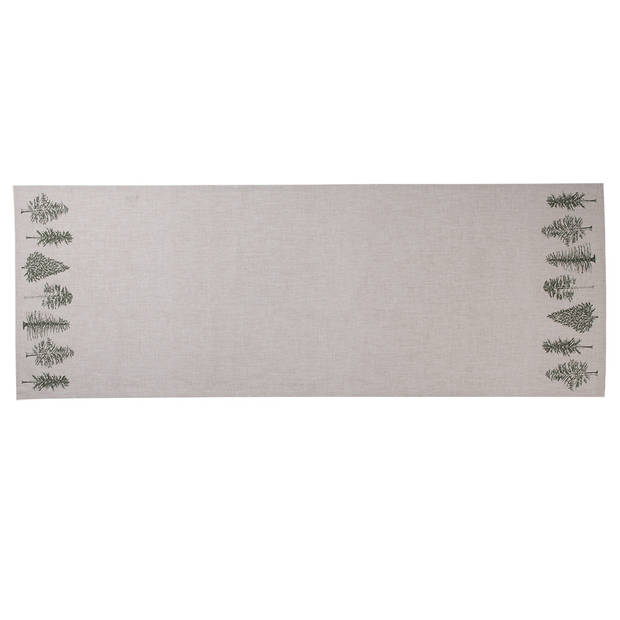 Clayre & Eef Tafelloper 50x140 cm Beige Groen Katoen Rechthoek Dennenbomen Groen