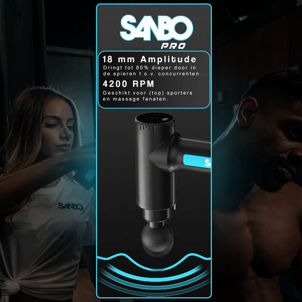 Sanbo Massage Gun Pro - Professioneel en Krachtig - Zwart / Blauw - Inclusief App - Massage pistool - Massage Apparaat