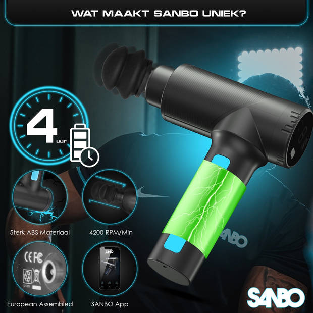 Sanbo Massage Gun Pro - Professioneel en Krachtig - Zwart / Blauw - Inclusief App - Massage pistool - Massage Apparaat