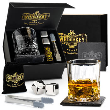 Whisiskey Luxe Whiskey Set - Incl. Whiskey Glas, 2 Whiskey Stones, Onderzetter, IJstang, Fluwelen Opbergzak, Opbergbox -