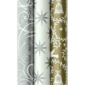 Assortiment cadeaupapier - inpakpapier voor kerst zilver en goud - 200 x 70 cm - 3 rollen