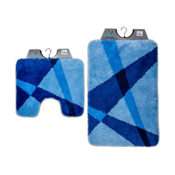 Wicotex-Badmat set met Toiletmat-WC mat-met uitsparing blauw gestreept-Antislip onderkant