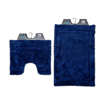 Wicotex-Badmat set met Toiletmat-WC mat-met uitsparing blauw uni-Antislip onderkant