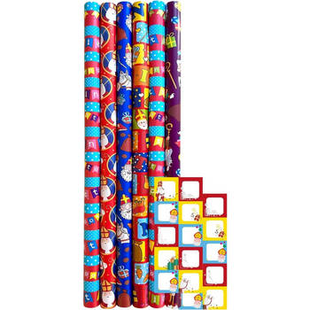 Sinterklaaspapier Pakpapier Pakjesavond Cadeaupapier - Afm. 70 x 300 cm Per rol - 6 rollen - Incl. 20 Sint Naamstickers