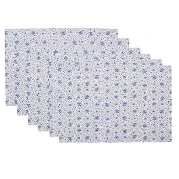 Clayre & Eef Placemats Set van 6 48x33 cm Wit Blauw Katoen Rechthoek Roosjes Blauw