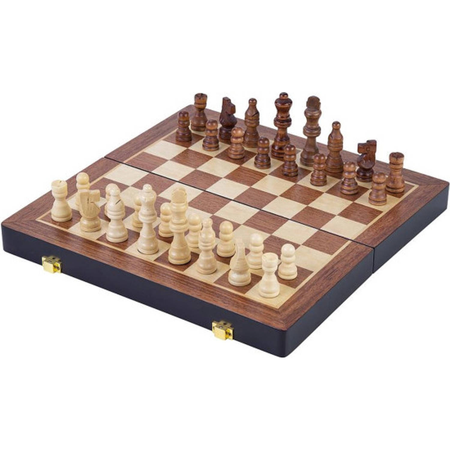 Longfield schaakspel hout opklapbaar essenhout 45,5x45,5x6,8cm