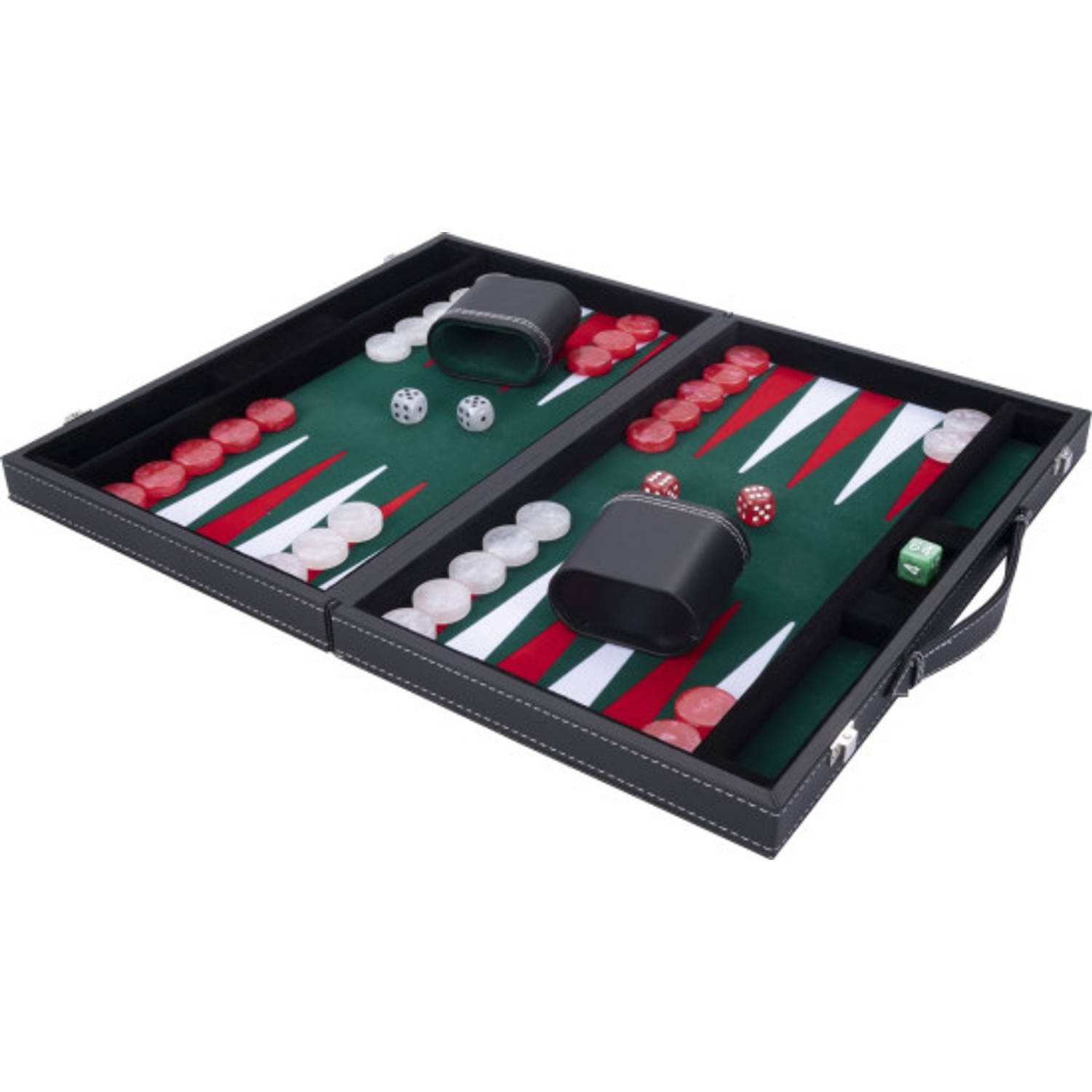 Longfield Backgammon 15"inch groen, rood en wit ingelegd vilt