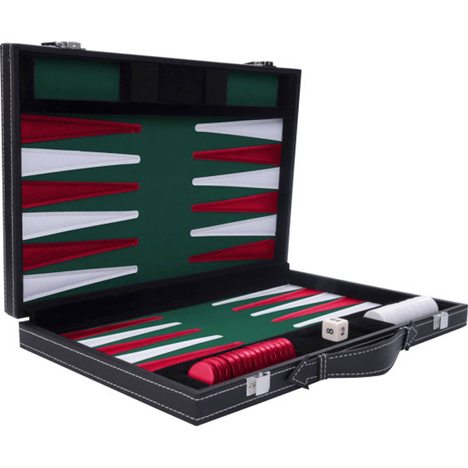 Backgammon 11 inch groen/ rood/ wit gestikt