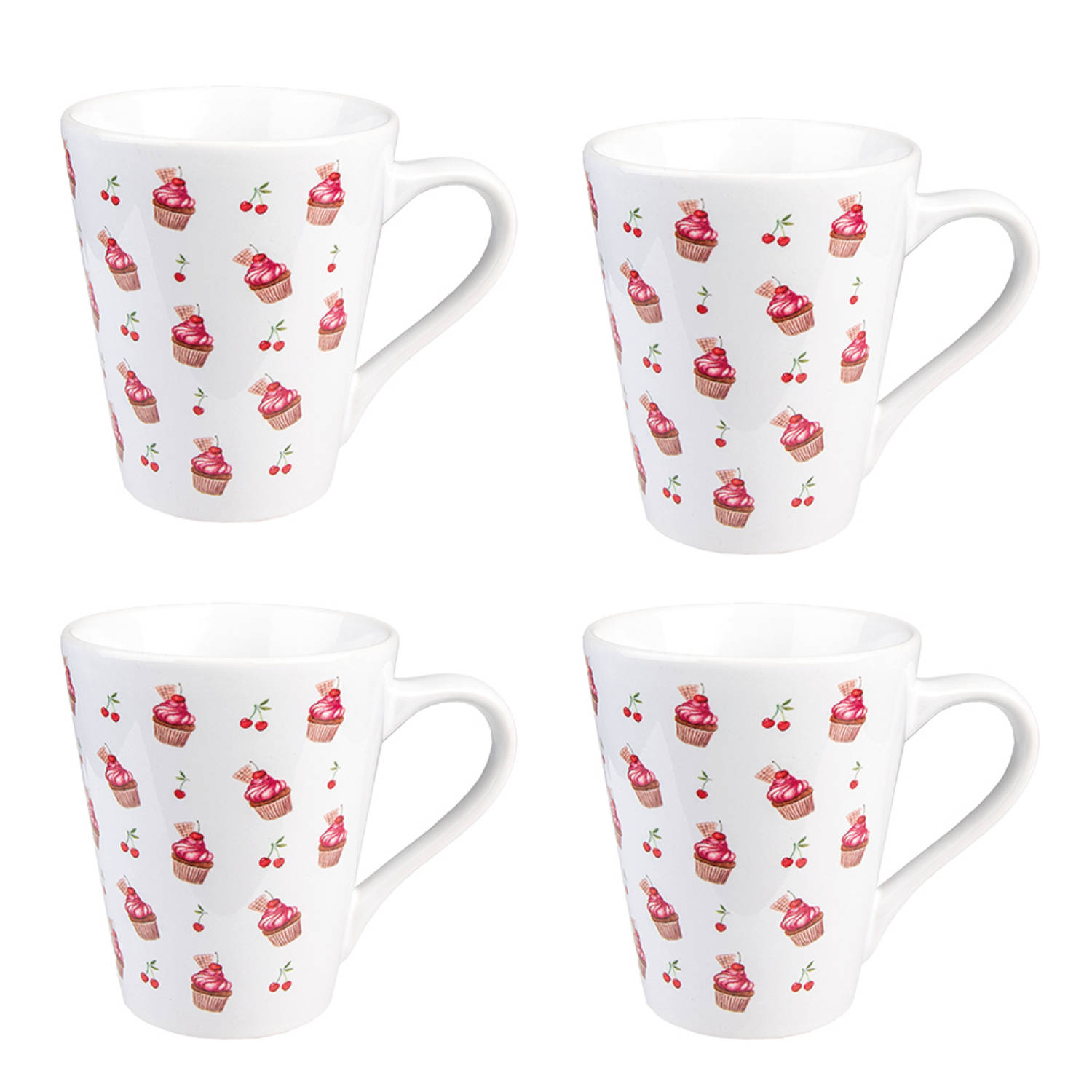 HAES DECO - Set van 4 Mokken - formaat 13x9x11 cm / 300 ml - kleuren Wit / Rood / Roze - Bedrukt Keramiek - Collectie: Cherry Cupcake - Mokkenset, Koffiemok, Koffiebeker