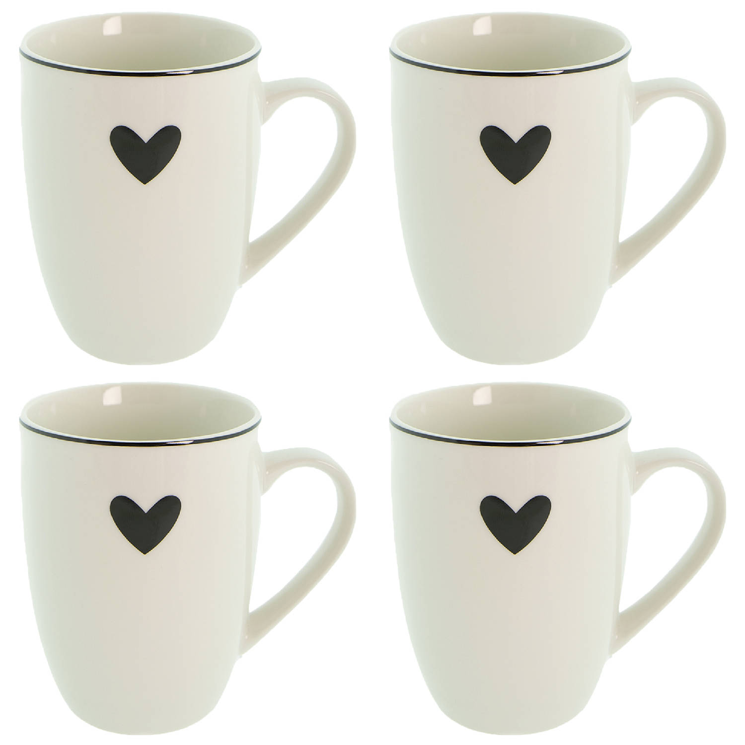 HAES DECO - Set van 4 Mokken - formaat 12x8x10 cm / 350 ml - kleuren Wit / Zwart - Bedrukt Porselein - Collectie: Love Birds - Mokkenset, Koffiemok, Koffiebeker