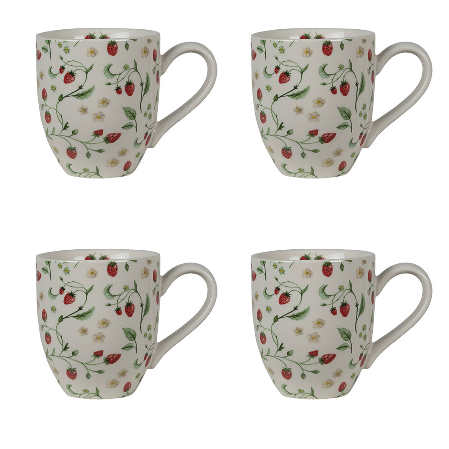 HAES DECO - Set van 4 Mokken - formaat 11x8x9 cm / 200 ml - kleuren Rood / Groen / Wit - Bedrukt Keramiek - Collectie: Wild Strawberries - Mokkenset, Koffiemok, Koffiebeker