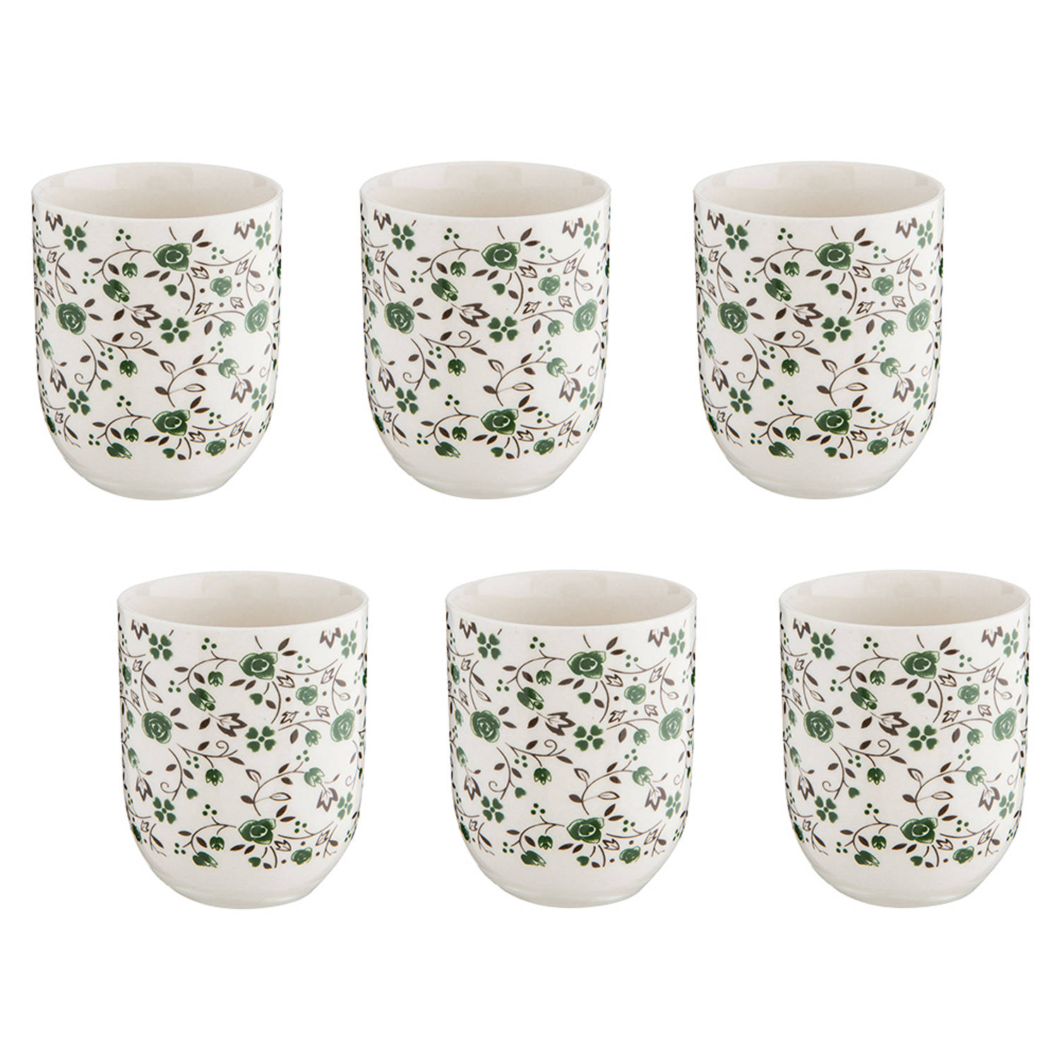 HAES DECO - Mokken set van 6 - formaat Ø 6x8 cm / 100 ml - kleuren Wit / Groen / Grijs - Bedrukt met Groene Bloemen - Collectie: Mok - Mokkenset, Koffiemok, Koffiebeker