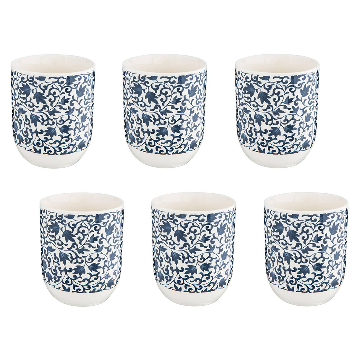 HAES DECO - Mokken set van 6 - formaat Ø 6x8 cm / 100 ml - kleuren Blauw / Wit - Bedrukt met Bloemen - Collectie: Mok - Mokkenset, Koffiemok, Koffiebeker