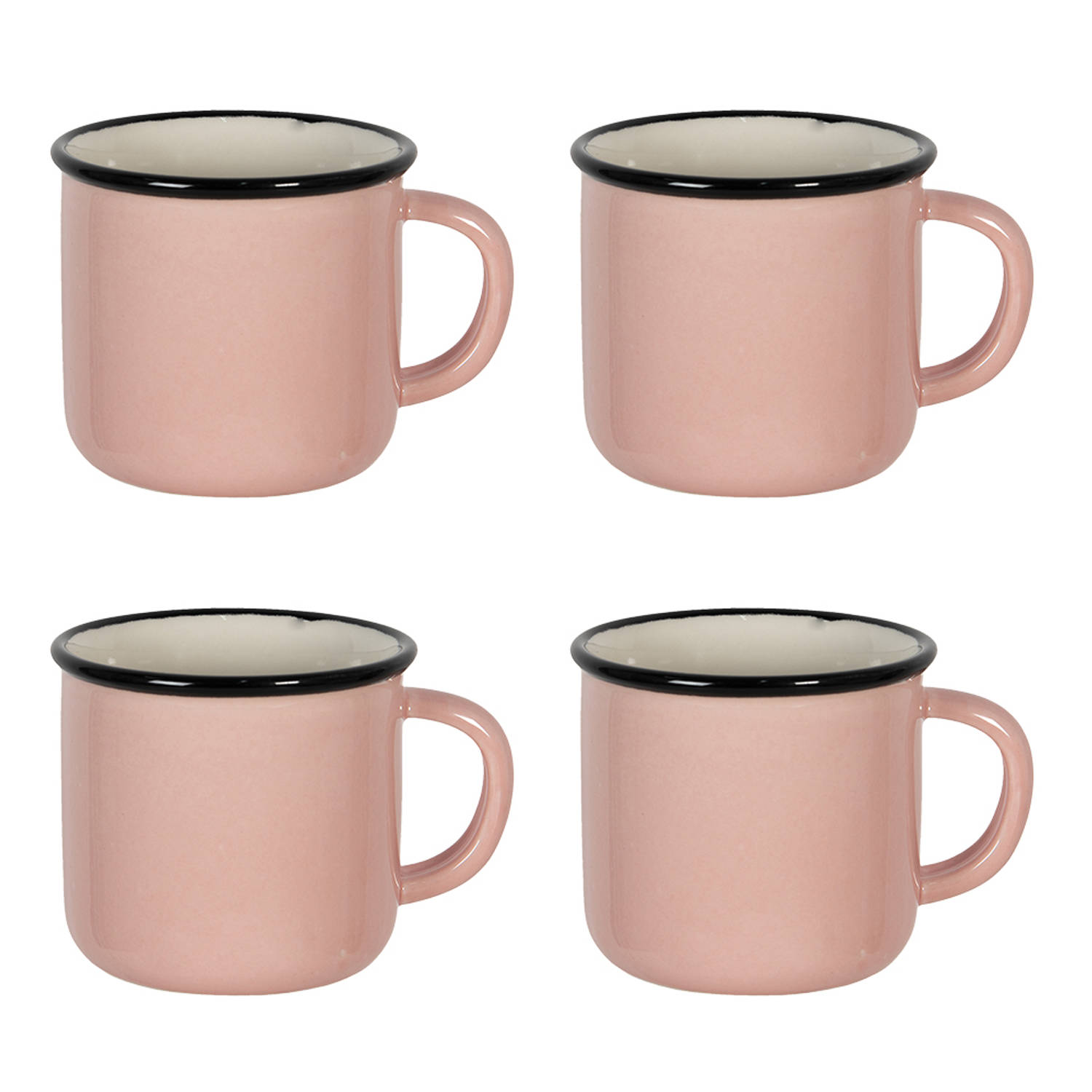 HAES DECO - Mokken set van 4 - formaat 15x11x9 cm / 300 ml - kleuren Roze / Zwart / Wit - Bedrukt Keramiek - Collectie: Casual Pink - Mokkenset, Koffiemok, Koffiebeker