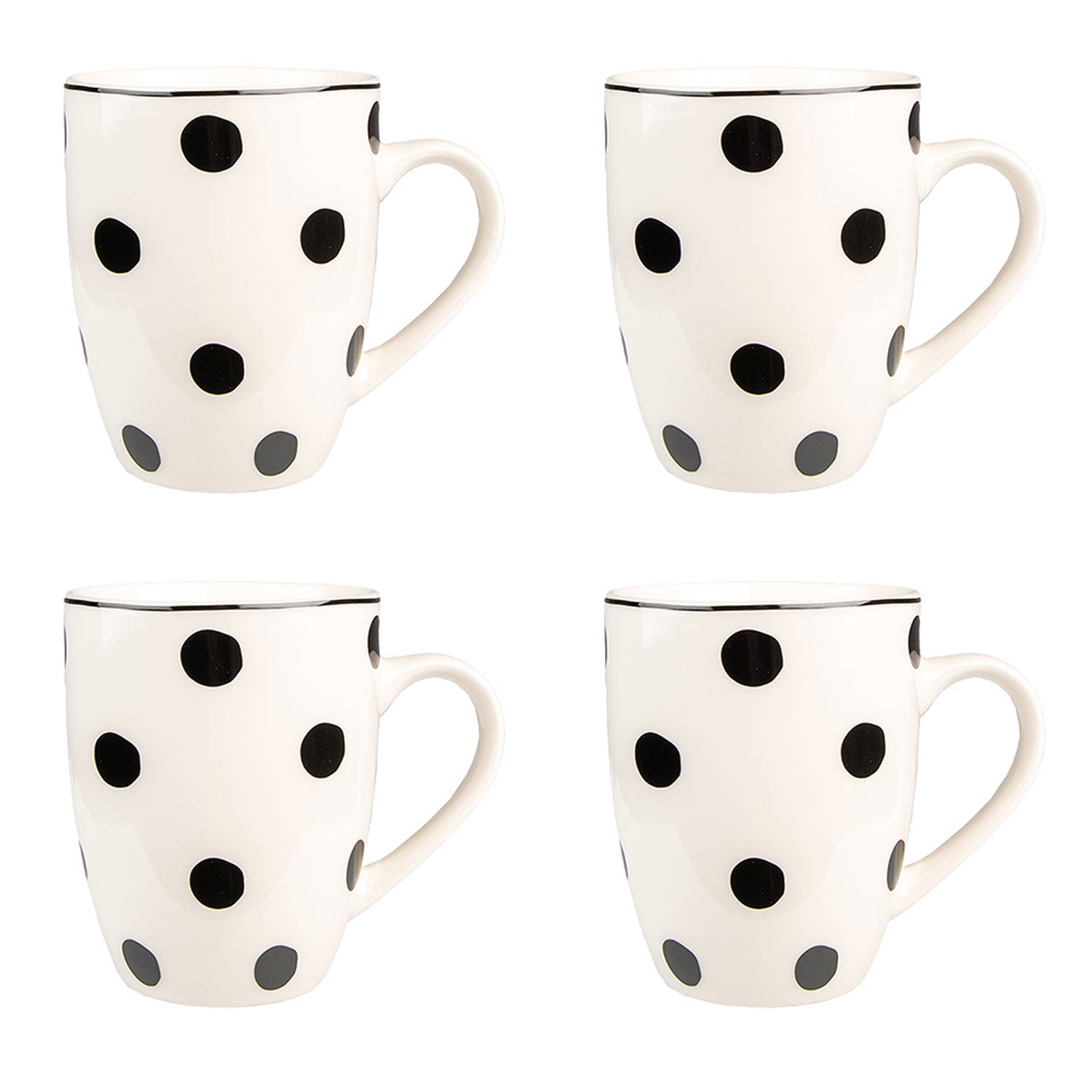 HAES DECO - Mokken set van 4 - formaat 12x8x10 cm / 350 ml - kleuren Wit / Zwart - Bedrukt met Zwarte Stippen - Collectie: Big Dots - Mokkenset, Koffiemok, Koffiebeker