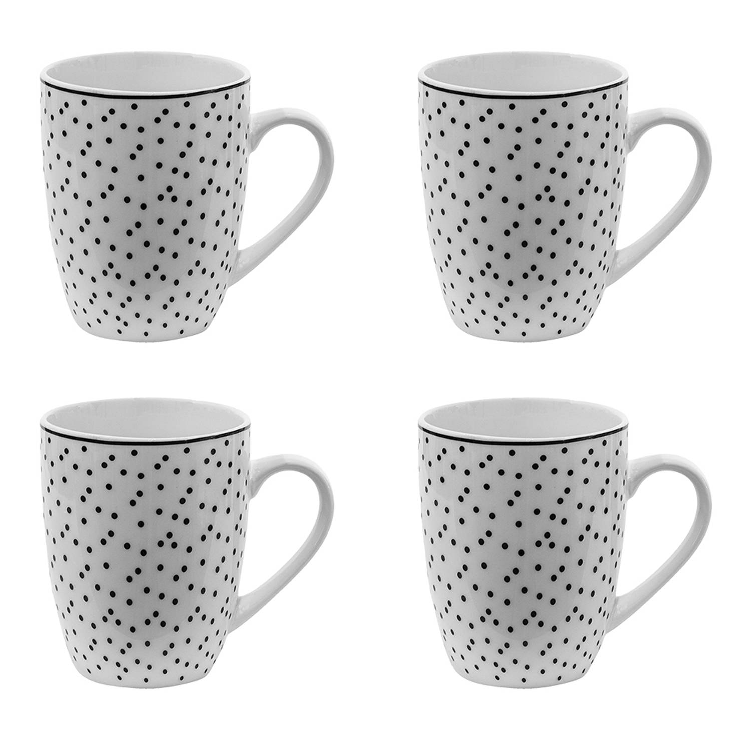 HAES DECO - Mokken set van 4 - formaat 12x8x10 cm / 350 ml - kleuren Wit / Zwart - Bedrukt met Zwarte Stippen - Collectie: Small Dots - Mokkenset, Koffiemok, Koffiebeker